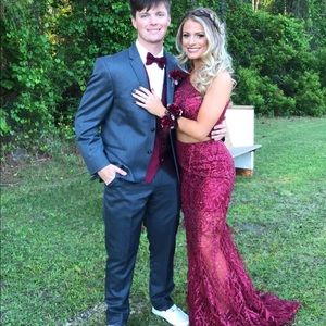 Sherri hill maroon feather 2 piece prom dress